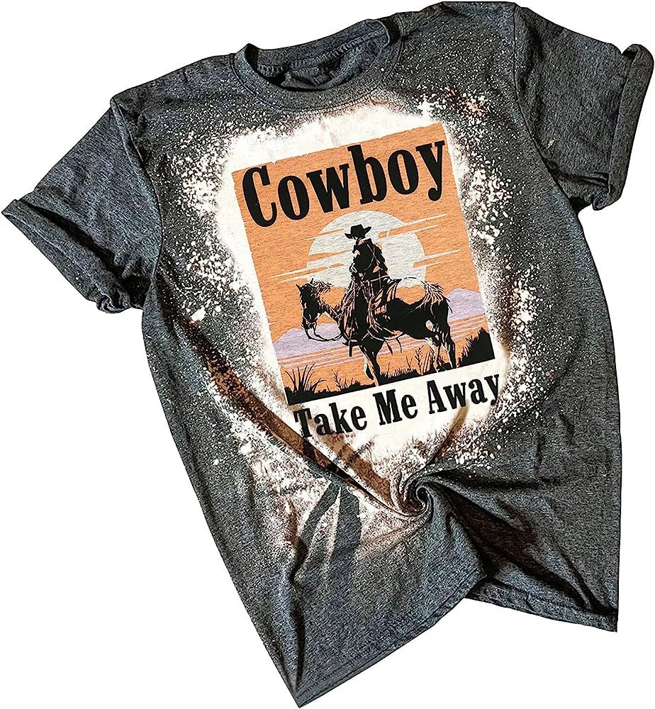 Cowboy Take Me Away Bleached Tshirt Women Western Vintage Graphic Tees Short Sleeve Rodeo Tops Count | Amazon (US)