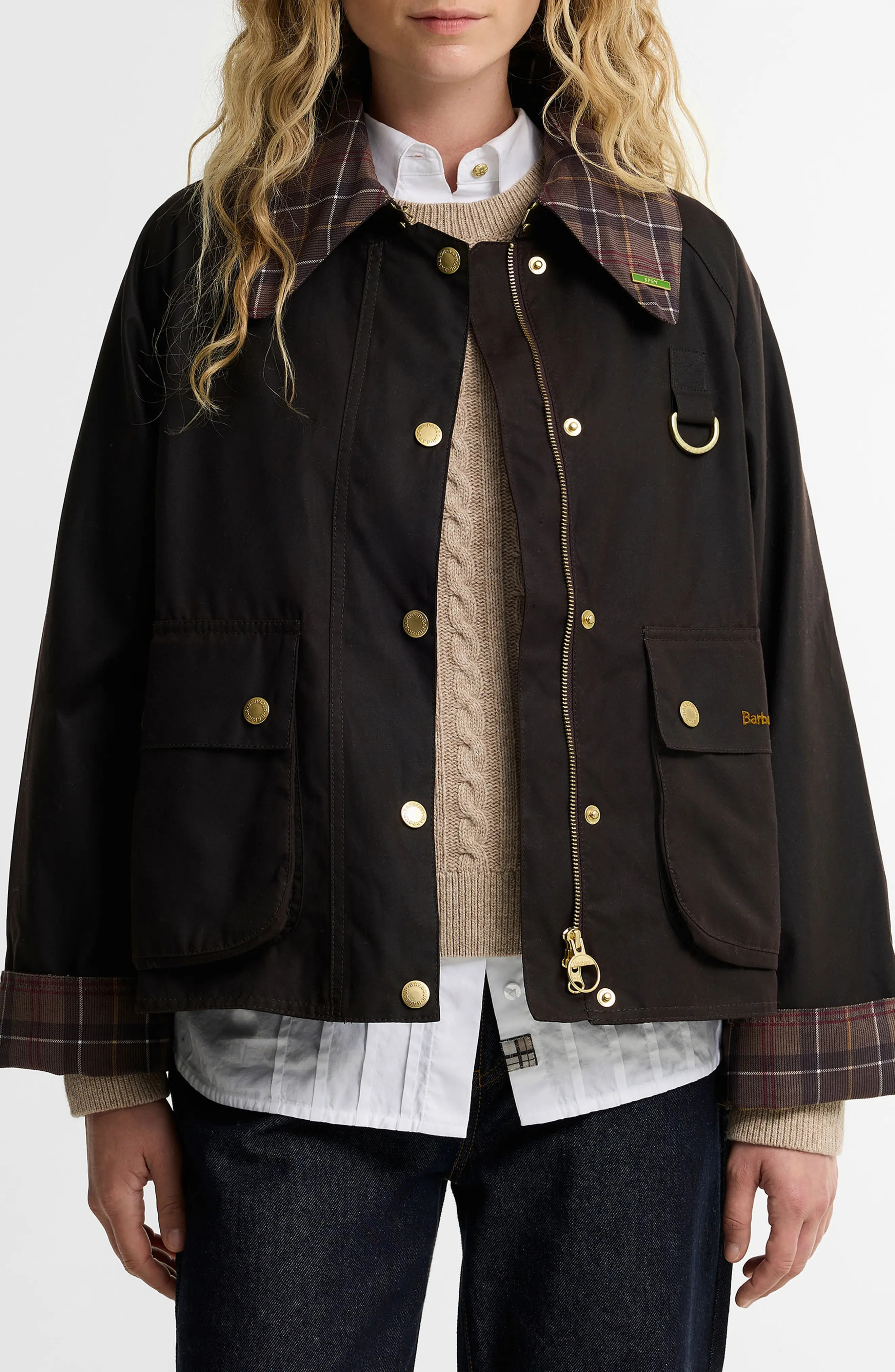 Barbour Icons Tartan Collar Spey Waxed Cotton Jacket in Rustic/muted at Nordstrom, Size 14 | Nordstrom