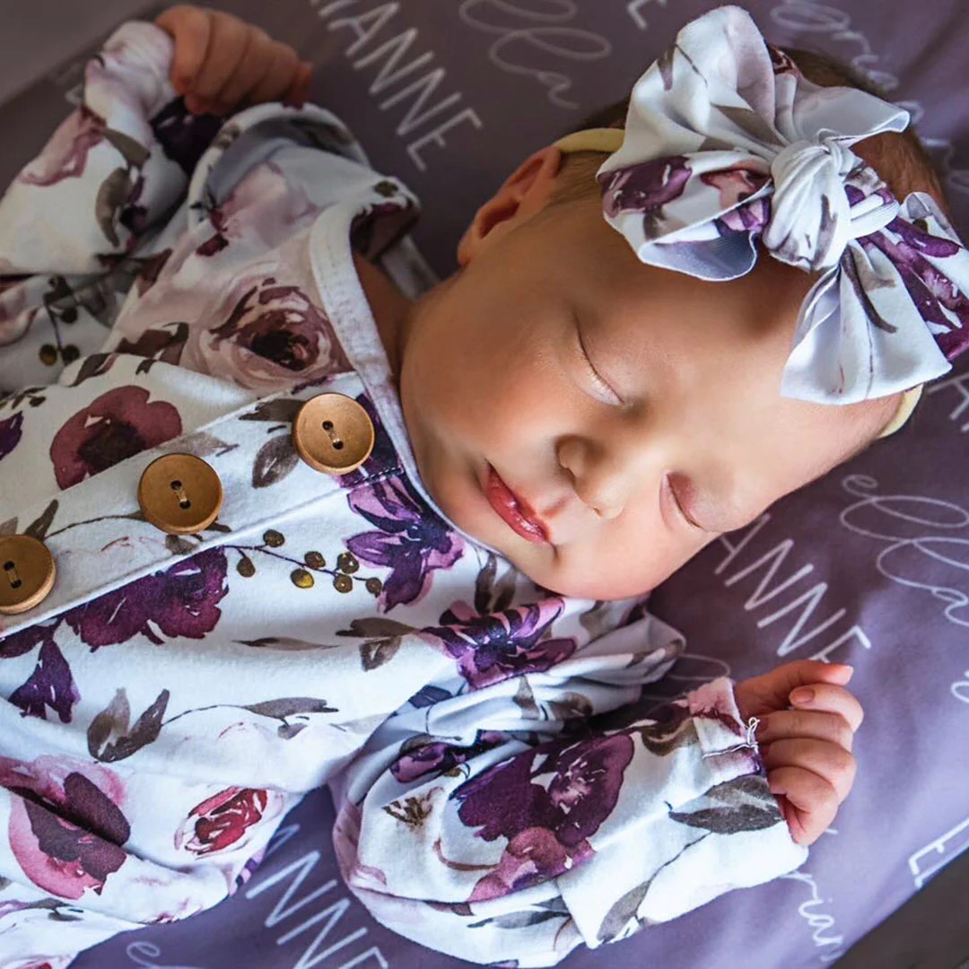 Demi's Dusty Purple Floral Newborn Baby Knot Gown & Hat Set | Caden Lane