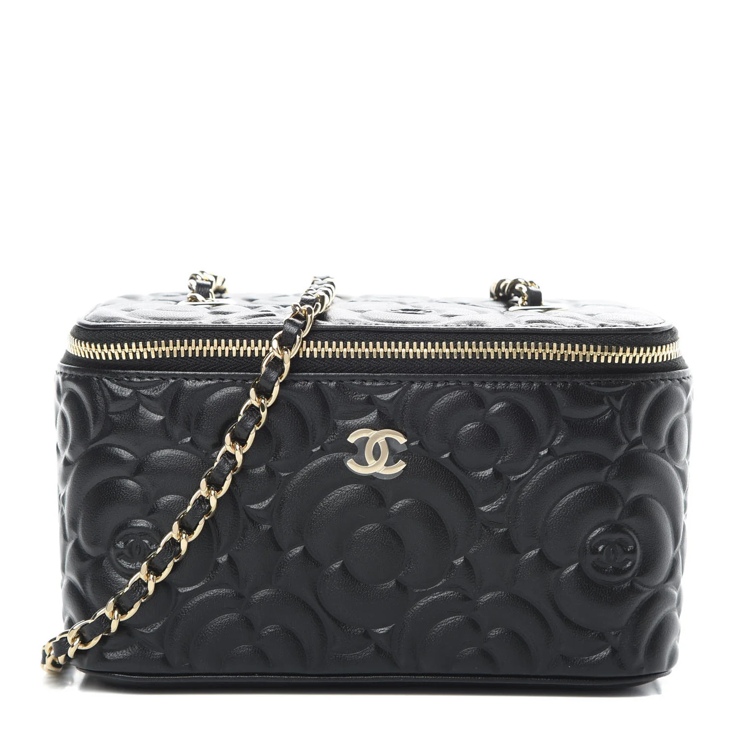 CHANEL Lambskin Camellia Embossed Small Vanity Case With Chain Black | FASHIONPHILE | Fashionphile