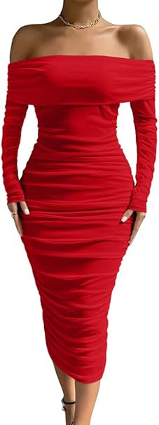 LAGSHIAN Women Sexy Off Shoulder Long Sleeve Bodycon Ruched Midi Elegant Cocktail Party Dress | Amazon (US)