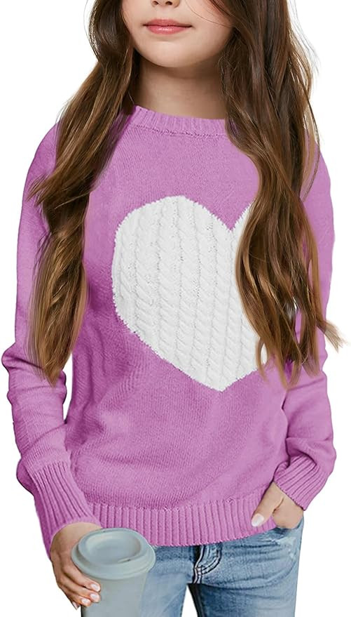 Batermoon Girls' Pullover Sweaters Long Sleeve Cute Heart Pattern Crewneck Knit Jumper Tops | Amazon (US)