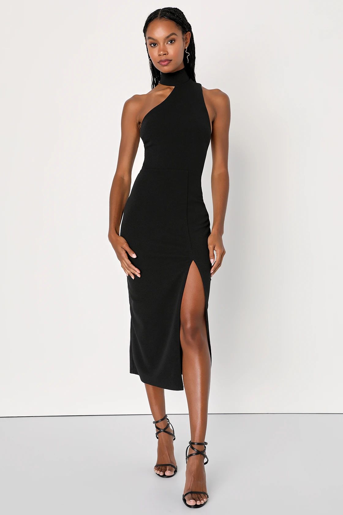 Keep It Interesting Black Asymmetrical Cutout Halter Midi Dress | Lulus (US)
