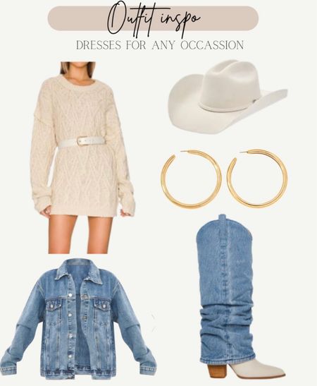 Sweater dress, gold hoops, denim jacket, cowboy boots, gold earrings, rodeo fashion, rodeo style, rodeo fashion, cowboy hat, Dress, bedroom, home decor, vacation outfits, bathroom, living room, Valentine's Day,  coffee table, wedding guest, beach #ootn #outfitideas #styleinspo

#LTKstyletip #LTKSeasonal #LTKFind