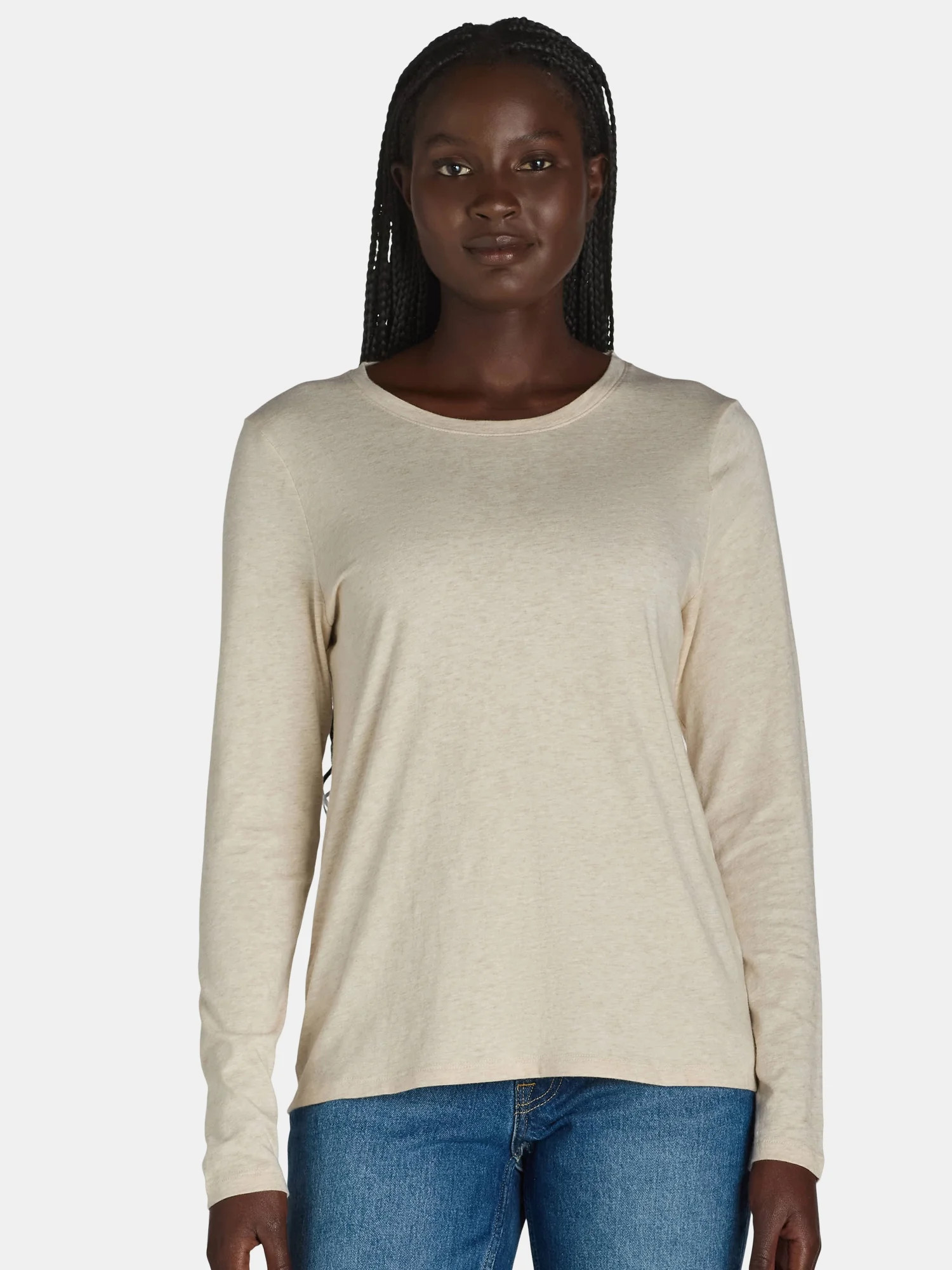 Time and Tru Women's Cotton Crewneck Tee with Long Sleeves, Single and 3 Pack, Sizes XS-XXXL | Walmart (US)