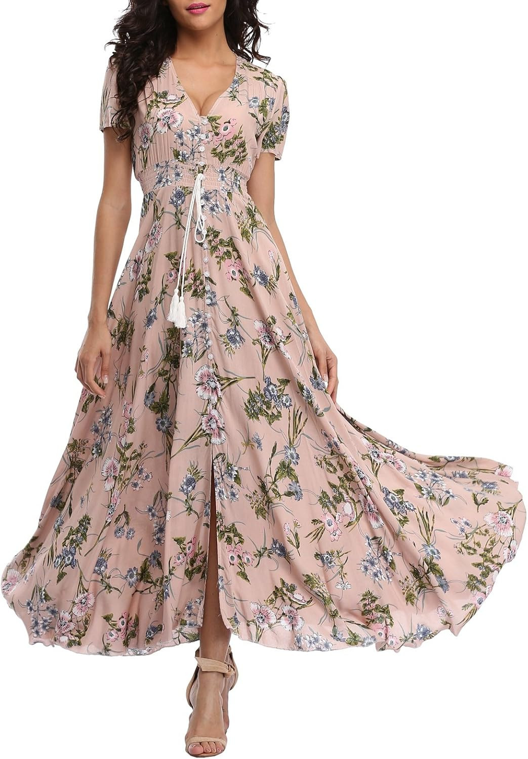 VintageClothing Women's Floral Maxi Dresses Boho Button Up Split Beach Party Dress | Amazon (US)