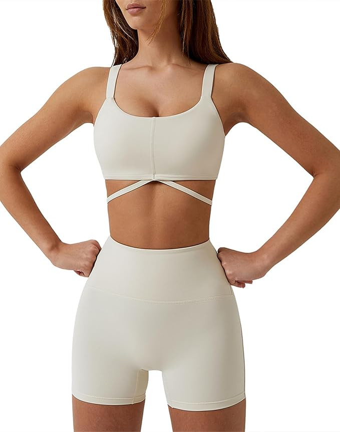 ABOCIW Workout Sets for Women 2 Piece Twist Front Halter Sports Bras High Waist Booty Shorts Exer... | Amazon (US)