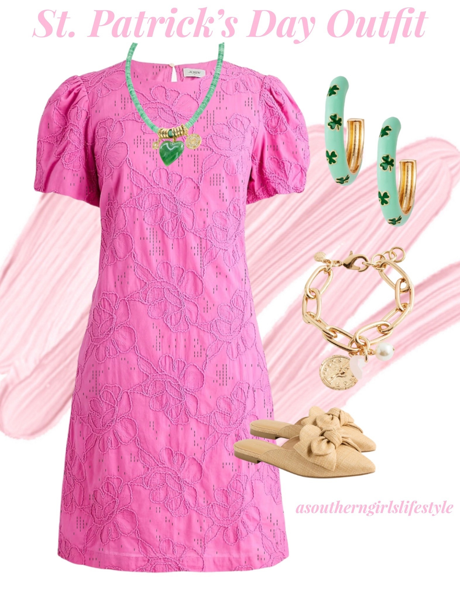 St. Patrick’s Day - from a work outfit to fun! Everything is on Sale except the Earrings. Change of Earrings & it’s an outfit that can be worn way after the holiday! 

Pink Embroidered Puff Sleeve Dress, Shamrock Hoop Earrings, Green Beaded Heart Necklace, Charm Bracelet & Woven Mule Flats

Spring Dress. Spring Outfits. Worn Outfitss  

#LTKPetite #LTKWorkwear 

#LTKSaleAlert #LTKSeasonal #LTKootd