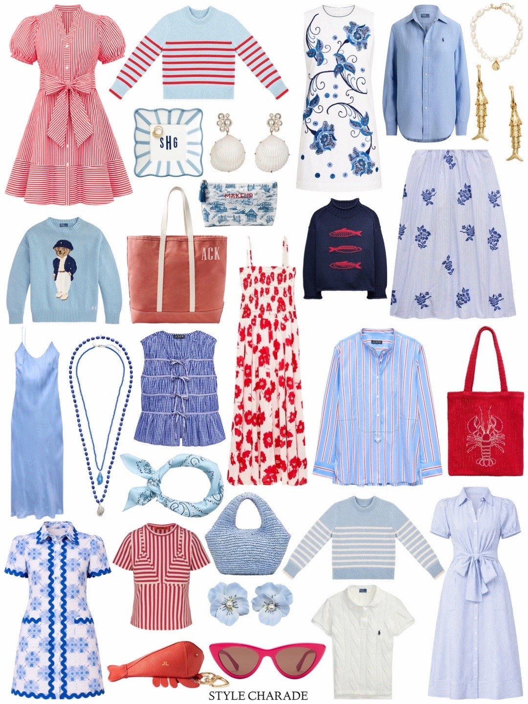 A round up of summer styles including red stripe dresses, blue fish novelty skirts, linen shifts, lobster pouches, fish rollneck sweaters, shell earrings, woven raffia bags, floral maxis, chic neck scarves, statement earrings, and lobster totes

#LTKootd #LTKSeasonal #LTKSaleAlert
