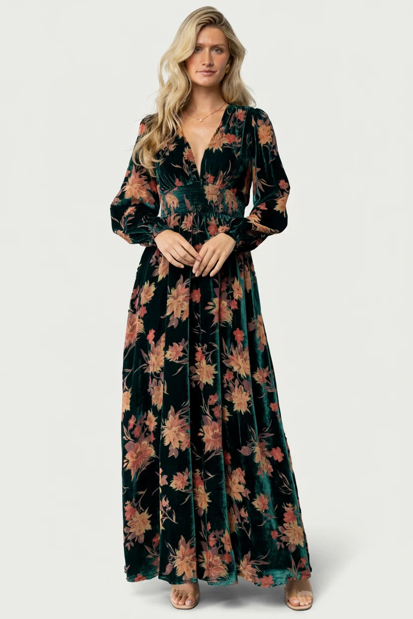 Elina Maxi Dress - Jade Multi Floral Velvet | Baltic Born | Baltic Born