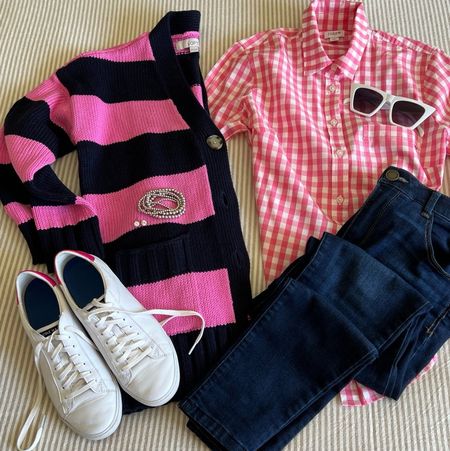 This one’s for you if you like pink and blue! Share this with your friend who loves pink 💗and blue 💙!  Crisp gingham shirt (size up ⬆️ one) paired with a navy girlfriend cardigan (striped is sold out, but this navy is FABULOUS! Add pink-edged sneakers and a pink tote for a fun day of spring shopping 🛍️!

#ltkshoecrush
#ltkover40
#ltkover50
#ltkjeans
#ltkspring

#LTKsalealert #LTKitbag #LTKshoecrush
