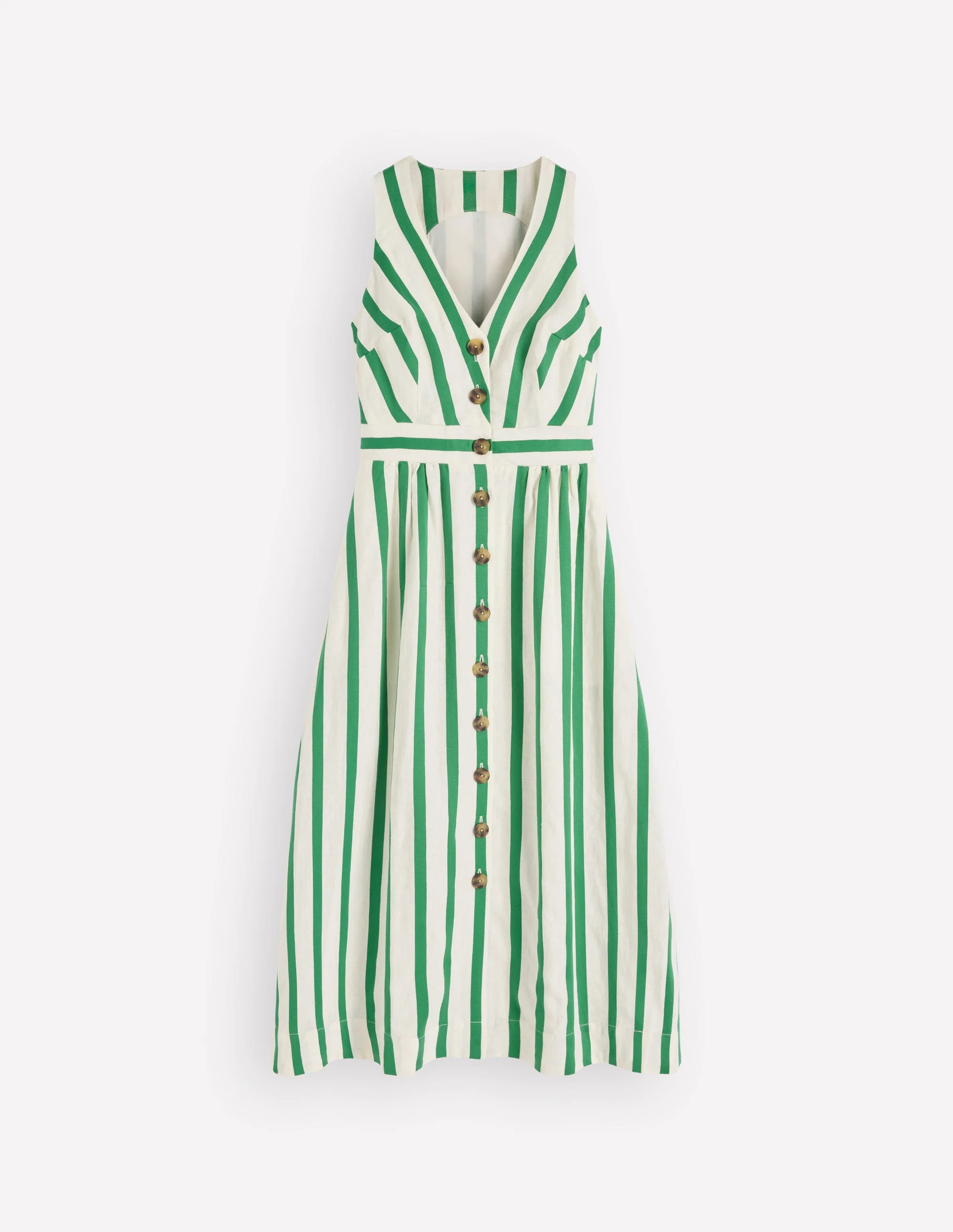 Catherine Button Linen Dress-Ivory and Green Satin Stripe | Boden (US)