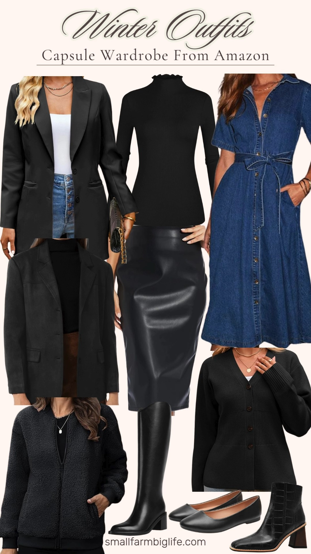 Amazon winter capsule wardrobe vibes 🖤❄️ From a black blazer and faux suede jacket to faux leather skirt, cozy black sweater, and fleece bomber, these mix and match pieces make winter outfits effortless. Finished with knee high boots, crocodile ankle boots, and classic black flats for endless everyday looks. 

 #LTKOver40 #LTKFindsUnder50 #LTKWorkwear