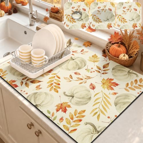 LOKHOM 18"x24" Fall Dish Drying Mat，Autumn Harvest White Pumpkin Leaves | Amazon (US)