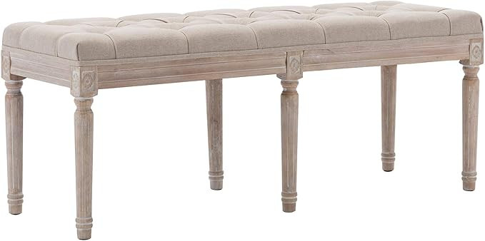 Upholstered Dining Room Bench, Rustic Living Room Ottoman Bench with Carved Pattern & Rustic Whit... | Amazon (US)