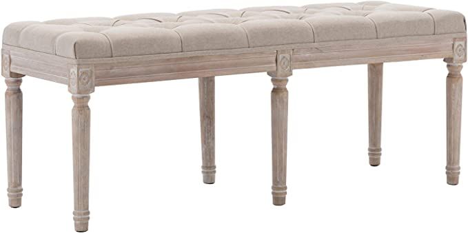 Upholstered Dining Room Bench, Rustic Living Room Ottoman Bench with Carved Pattern & Rustic Whit... | Amazon (US)