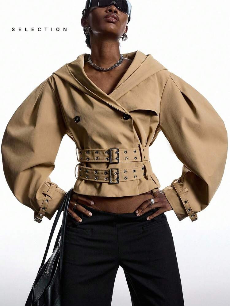 Tan cropped jacket  | SHEIN