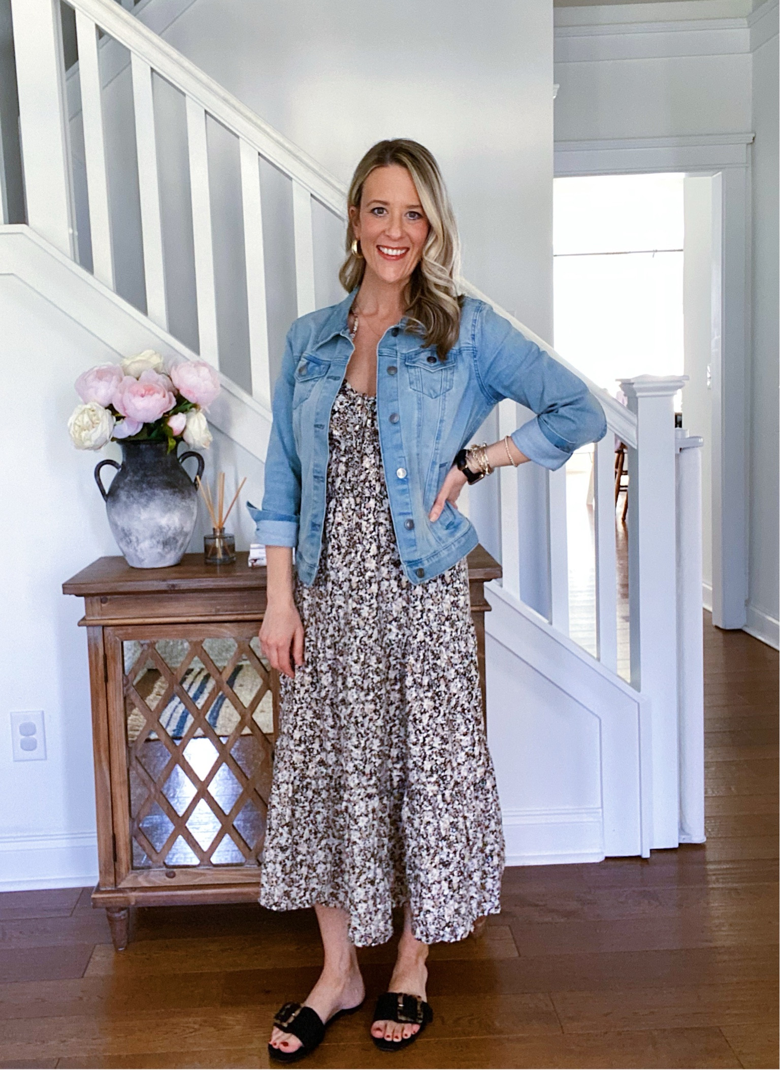 $18 Walmart floral midi dress. It’s so cute in person. I’m wearing an XS. It also comes in a pink floral pattern. If you’ve been following me, you know this Walmart jean jacket is a closet staple for me. Also wearing it in an XS. 

Elevated Mom Style | Summer Workwear | Summer Church Dress | Mothers Day Dress | Bump friendly dress | Early Pregnancy | Casual Date Night Dress | Walmart Summer Dress | Casual Workwear 

#LTKworkwear #LTKfindsunder50 #LTKstyletip