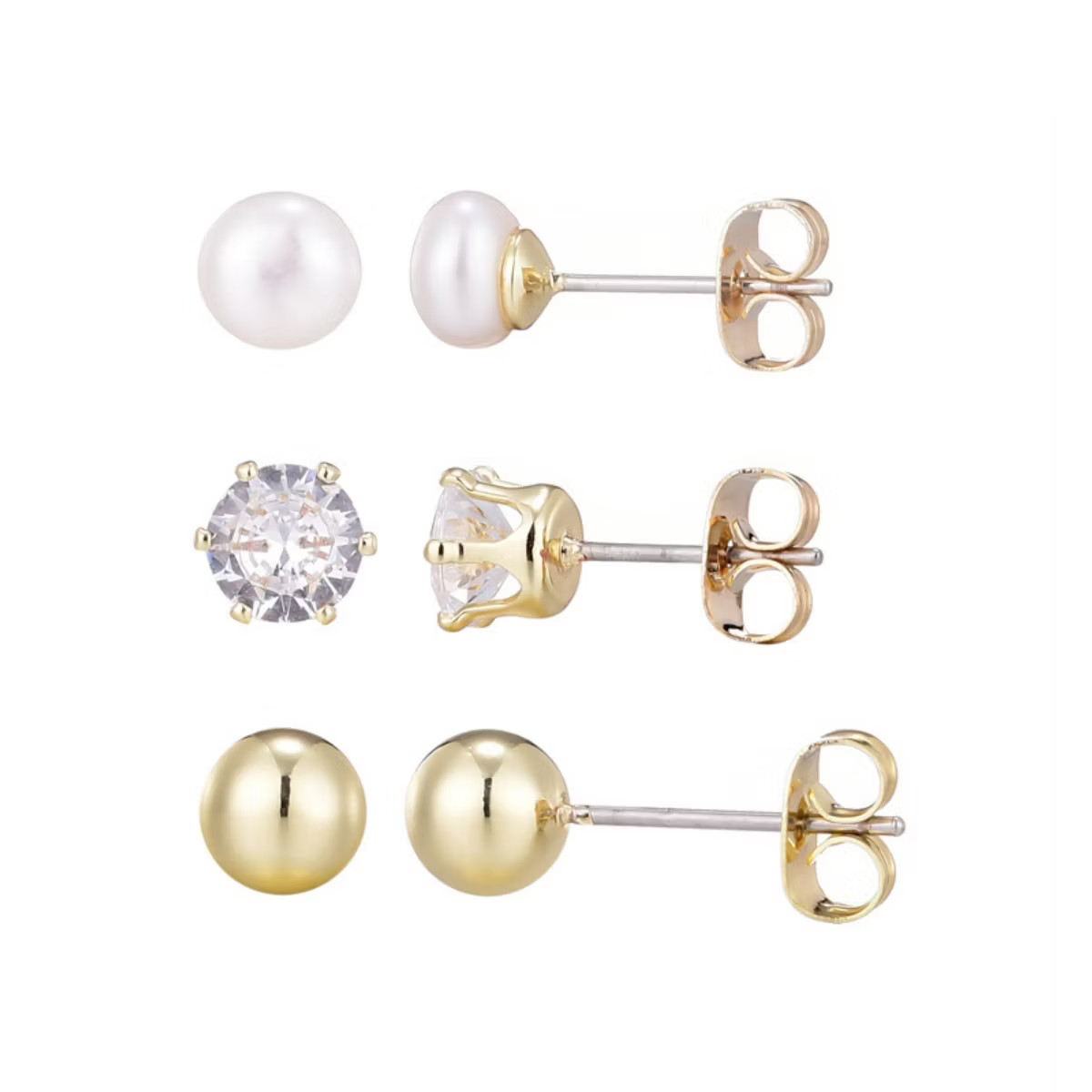 Adornia 14k Gold Plated Ball, Solitaire, and Freshwater Pearl Stud Earring Set | Target