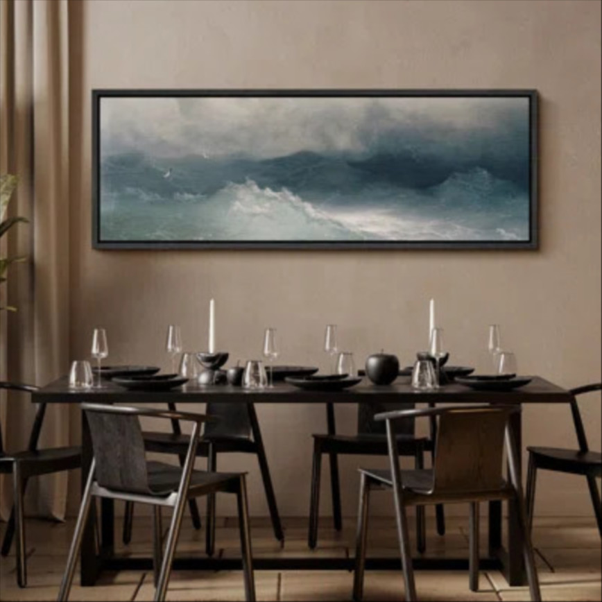 Moody blue ocean waves oversized framed canvas print