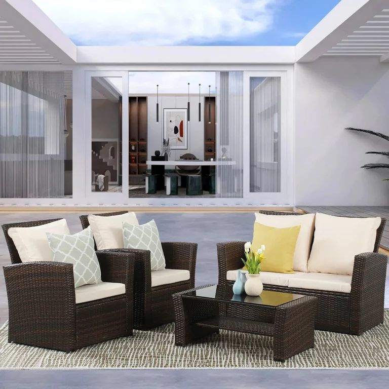 Superjoe 4 Pcs Outdoor Patio Furniture Sets, Wicker Rattan Conversation Set with Coffee table, Br... | Walmart (US)