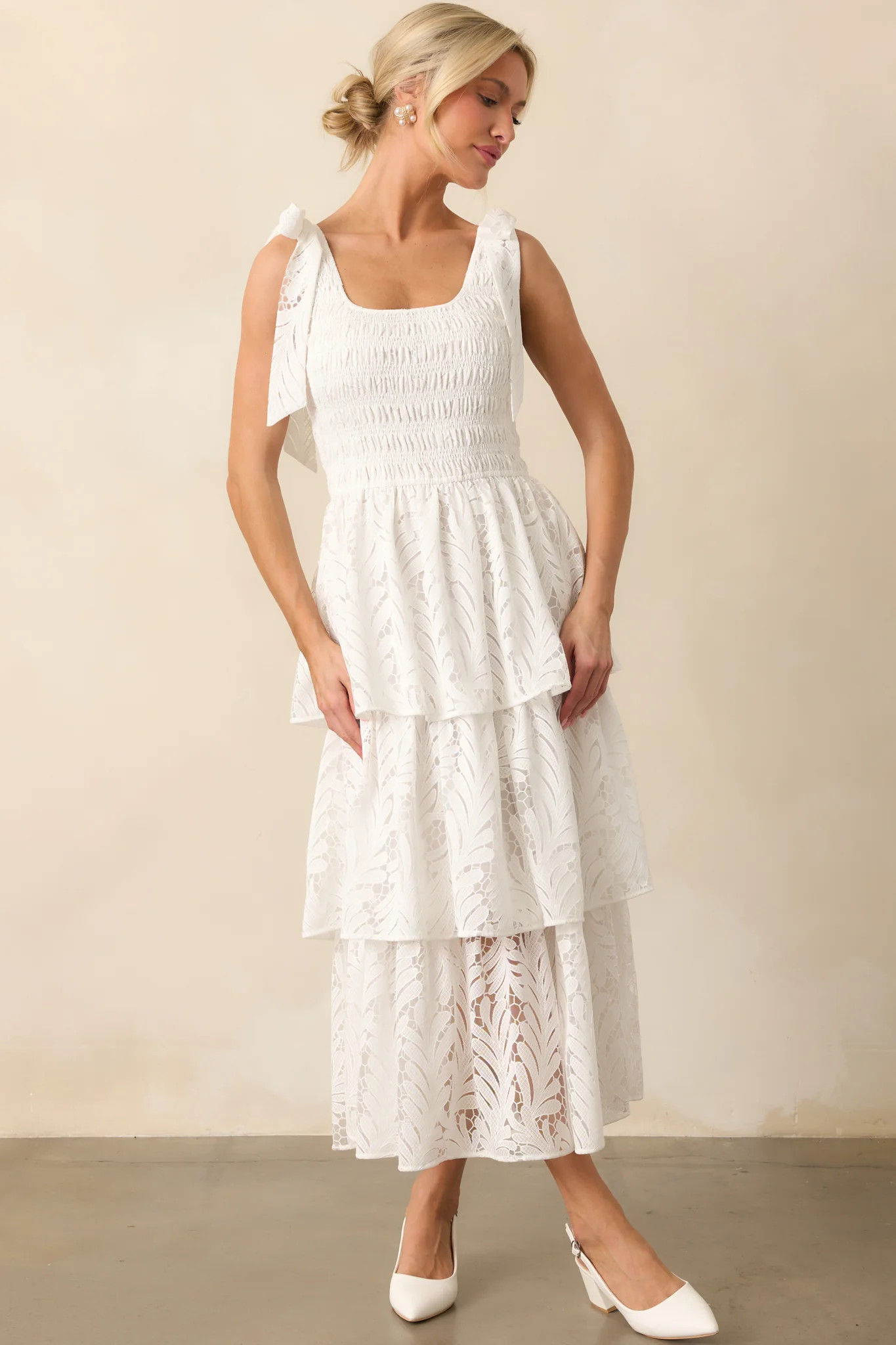 The Beauty Of Becoming Ivory Lace Tiered Maxi Dress | Red Dress