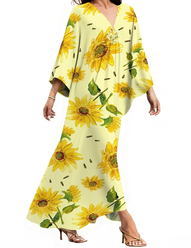 MAKABO Kaftan Dresses for Women, V Neck Moo Moos Colorful Print Cover Ups Caftan Beach Dresses fo... | Amazon (US)