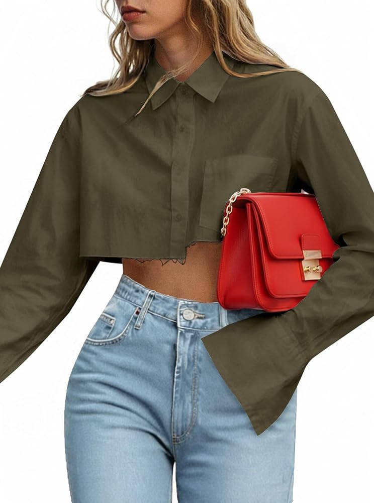 Crop Top, Collared Button Front, Chest Pocket, Long Sleeves, Raw-Edge Hem Give Cropped Shirt Stru... | Amazon (US)