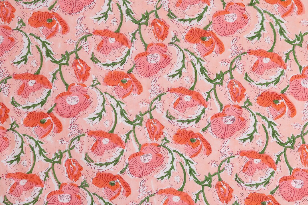 Poppy Print Peach, Pink & Green Hand Block Print, Floral Print, Soft Cotton Fabric, Fabric Floral... | Etsy (US)