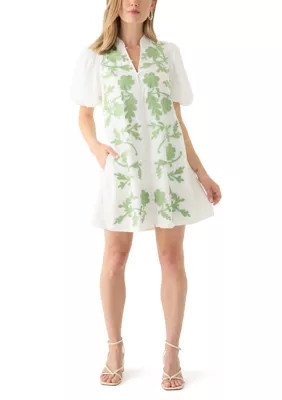 Crown & Ivy Women's Petite Puff Sleeve Button Front Embroidered Dress, PS | Belk