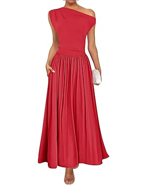ZESICA Women's Summer 2026 Sleeveless Maxi Dress One Shoulder Casual Slim Swing Pleated Formal Dr... | Amazon (US)