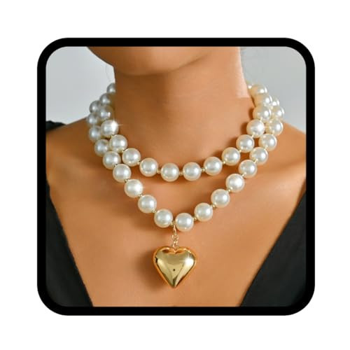 CLOACE Pearl Necklaces Gold Heart Layered Necklace Chunky Beads Choker Necklaces Jewelry for Women | Amazon (US)