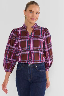 Brown Plaid Printed Button Up Top | Avara
