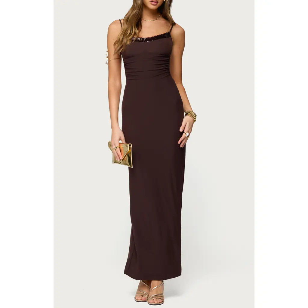 EDIKTED Shanna Mesh Maxi Dress in Brown at Nordstrom, Size Medium | Nordstrom