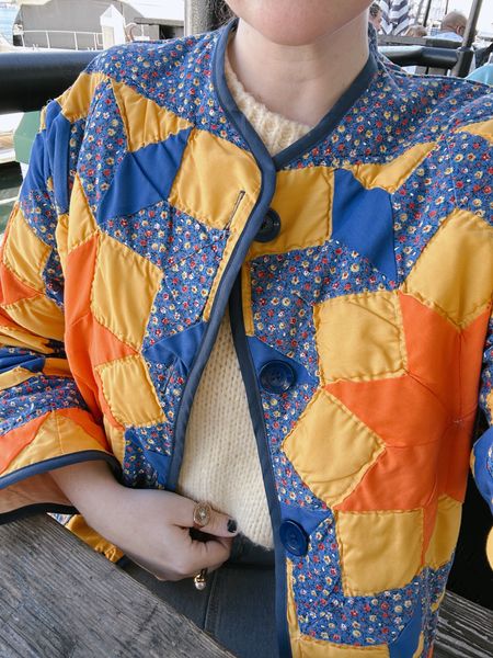 blue patchwork quilt jacket and yellow sweater, fall / winter outfit, outerwear 

#LTKfindsunder50 #LTKfindsunder100 #LTKstyletip