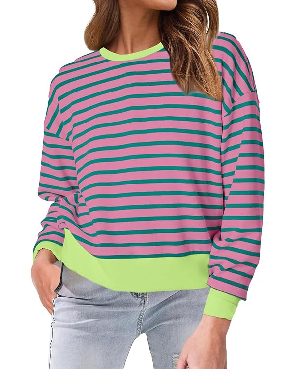 Glamaker Women's Striped Crewneck Sweatshirt Pullover Casual Long Sleeve Cropped Shirts Loose Fit... | Amazon (US)
