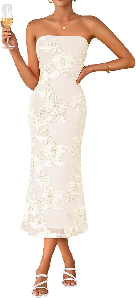 ZESICA Women's Summer Strapless Floral Midi Dress 2026 Bodycon Mesh Tube Wedding Guest Cocktail P... | Amazon (US)