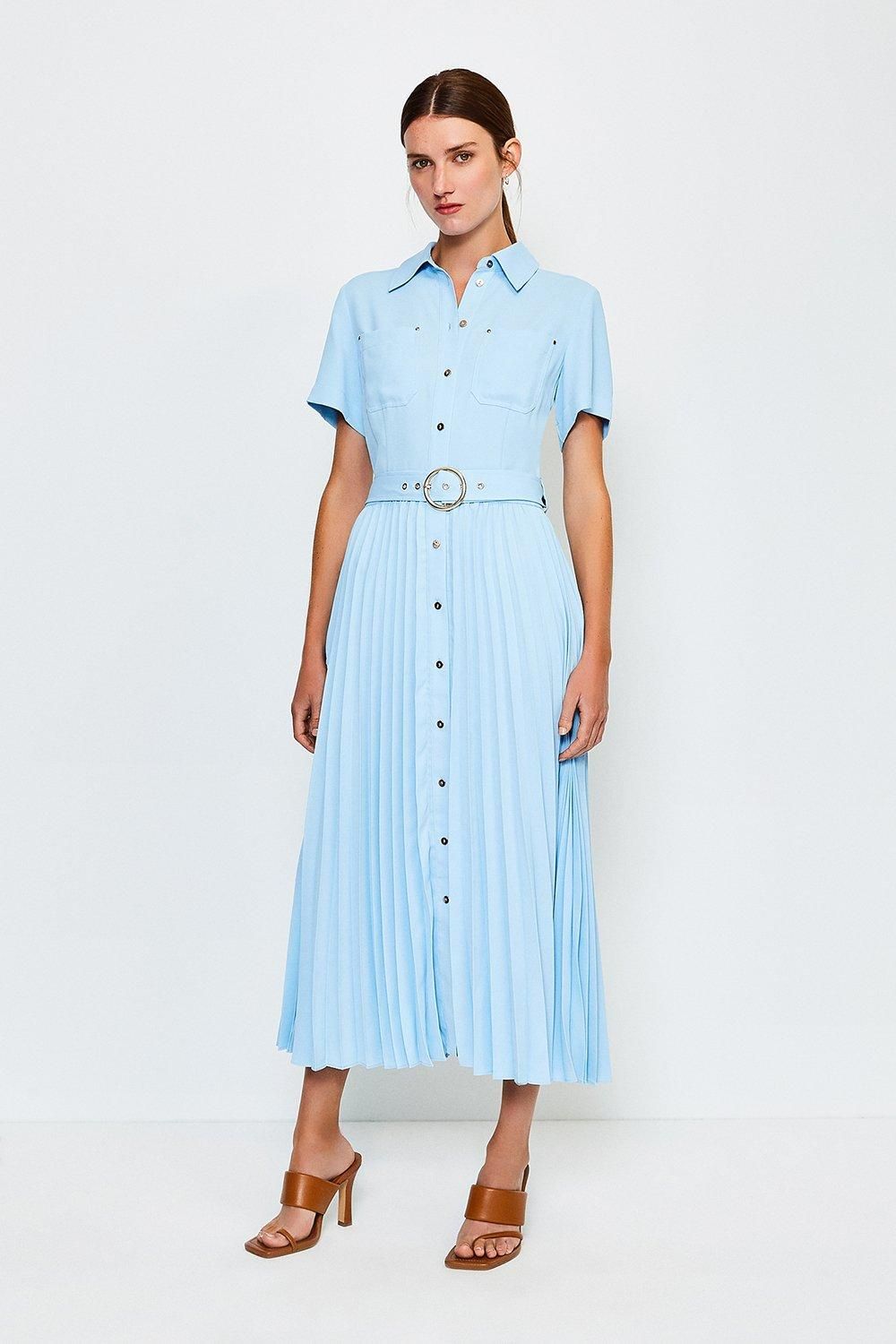 Plain Coloured Pleated Shirt Dress | Karen Millen UK & IE
