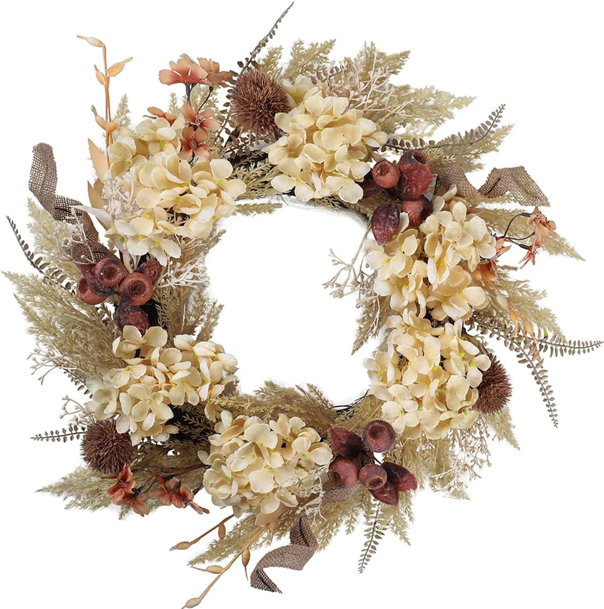 20 Inch Fall Wreaths for Front Door, Boho Front Door Wreath, Fake Dried Hydrangea Flowers, Burlap... | Amazon (US)