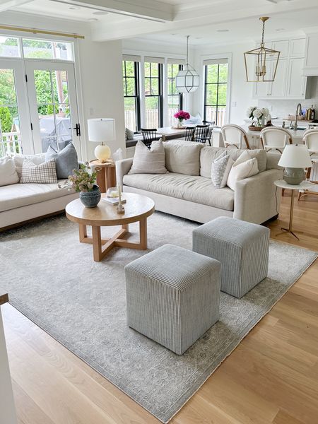 Great room, living room design, gray rug, open concept, modern coastal, Serena and Lily, pottery barn, round coffee table 

#LTKSaleAlert #LTKHome #LTKStyleTip