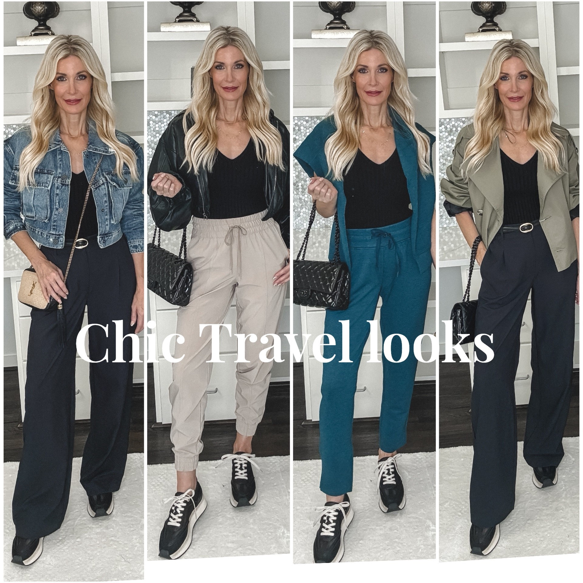 FOUR CHIC TRAVEL LOOKS + WHAT NOT TO WEAR WHEN YOU FLY ✨✨✨

Traveling in style and comfort is key! Whether you're heading out for a weekend getaway or a long-haul flight, here are 4 effortlessly chic looks that are perfect for the airport runway:

✨ A soft neutral matching set (part of the NSALE)  + chic black sneakers 

✨ Wide-leg black trousers + black tank  + cropped denim jacket ( my personal fave) 

✨  Cropped trench + black wide leg trousers + chic sneakers 

✨ Cropped faux leather hooded jacket + luxe tan joggers 

And now for what NOT to wear when you travel—learn from my mistakes:

❌ White denim — one coffee spill and you're doomed. Instead, go for black trousers or dark denim.
❌ No jacket — airports and airplanes are always freezing. Bring a blazer or lightweight jacket!
❌ High heels — not worth the blisters or rushing to your gate. Stick with comfy sneakers or slides.
❌ Tight or stiff fabrics — you want comfort and movement, not restriction. Think stretchy, breathable, and soft.

Which travel look is your vibe? 

Comment your go-to airport outfit below!
 
PS - all pieces run tts, I’m wearing an XS in the jackets and pants and joggers. 
#TravelInStyle #ChicAirportStyle #FashionOver40 #ComfortMeetsStyle #JetSetReady

#LTKOver40 #LTKFindsUnder100 #LTKTravel