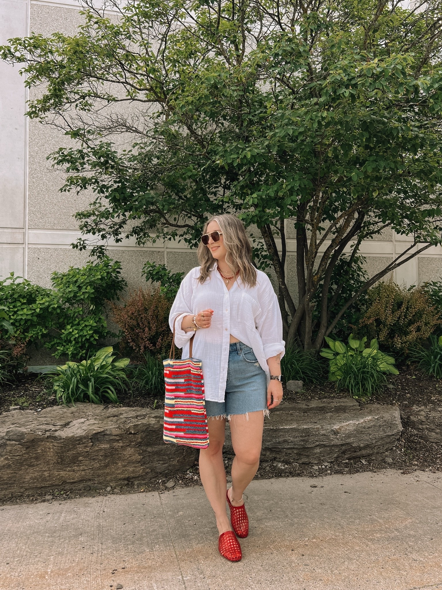 Easy summer outfit! Wearing my usual size L in the white button up shirt, sized up to 32 in the denim shorts. Jelly shoes are quite comfy, I’m a 9.5-10 shoe and wear a 10. Canadian shoe and bag links are under “similar products”

#LTKsale #LTKmidsize #LTKsummer
