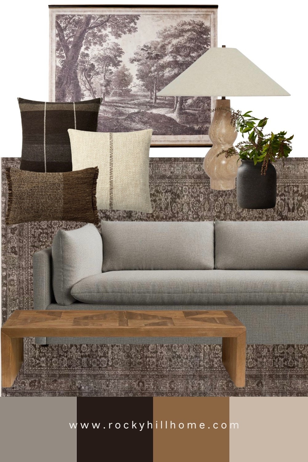 Warm earthy layers + timeless modern traditional style 🤎 This cozy living room mood board features a beautiful Pottery Barn sofa, the prettiest Pottery Barn coffee table, a sculptural lamp from Lulu and Georgia, and oversized affordable artwork from Magnolia. The layered neutrals, vintage-inspired rug, and rich brown accents make this gray sofa feel so warm and collected.

#LTKHome