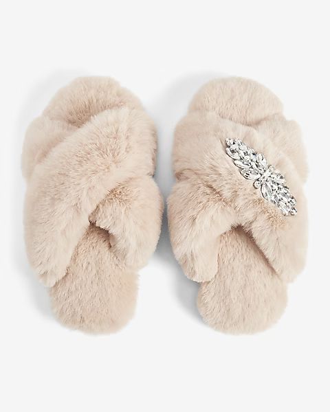 Faux Fur Brooch Criss Cross Slippers | Express