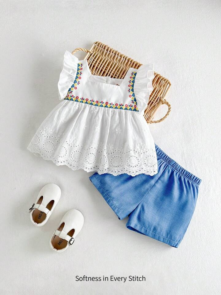Cozy Cub Baby Girl Traditional Pattern Square Collar Ruffled Top And Shorts Set, Casual | SHEIN