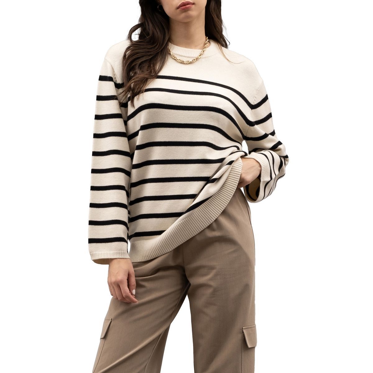 August Sky Women's Crew Neck Relaxed Fit Stripe Knit Sweater | Target