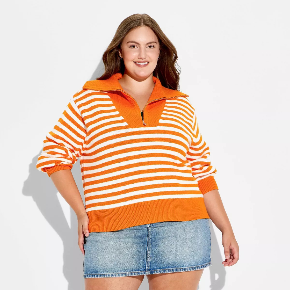 Women's Long Sleeve Quarter Zip Polo Sweater - Wild Fable\u2122 Orange Striped 2X | Target