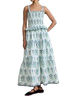 Women Sleeveless Smokced Ruffle Floral Maxi Dress Spaghetti Strap Sunflower Long Dress Boho Swing... | Amazon (US)