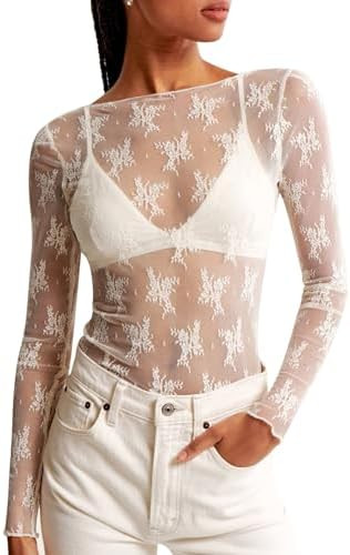 KTILG Womens Lace Long Sleeve Boat Neck Tops Sheer Blouse Sexy See Through Shirt Mesh Top S-XXL | Amazon (US)