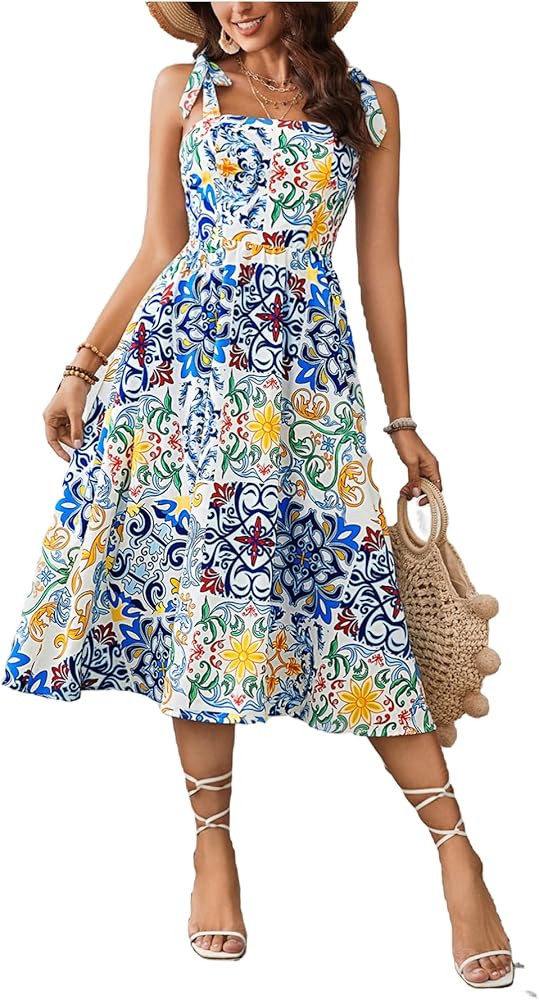 Floerns Women's Floral Print Tie Strap Square Neck Ruffle Boho Maxi Dress | Amazon (US)